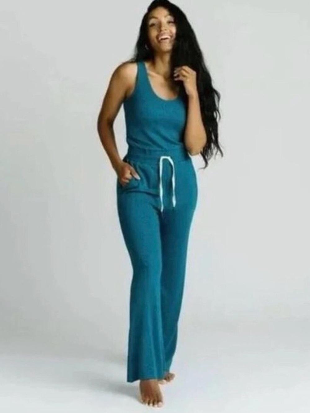 ZYIA Active Daphne Jumpsuit Romper Aegean Blue Size Medium Sleeveless Pockets